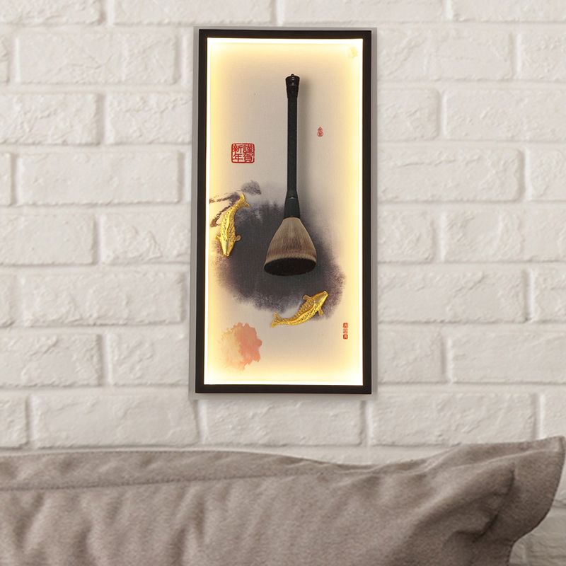 Fish and Writing Brush LED Mural Light Chinese Metal Study Room Wall Lamp in Black