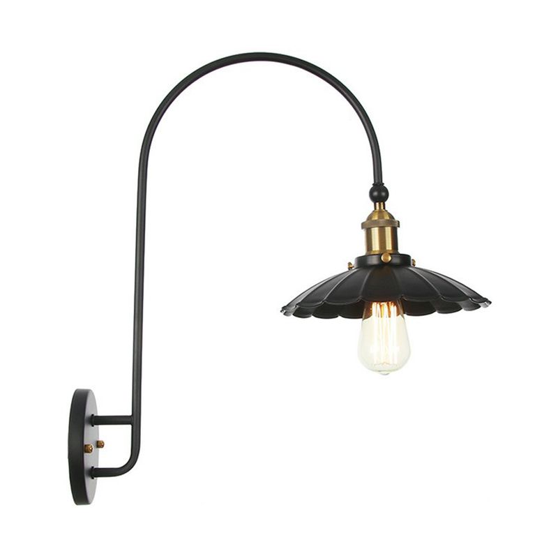 Iron Barn/Bowl/Scalloped Wall Light Kit Vintage 1 Bulb Bedside Reading Wall Lamp with Swooping Arm in Black