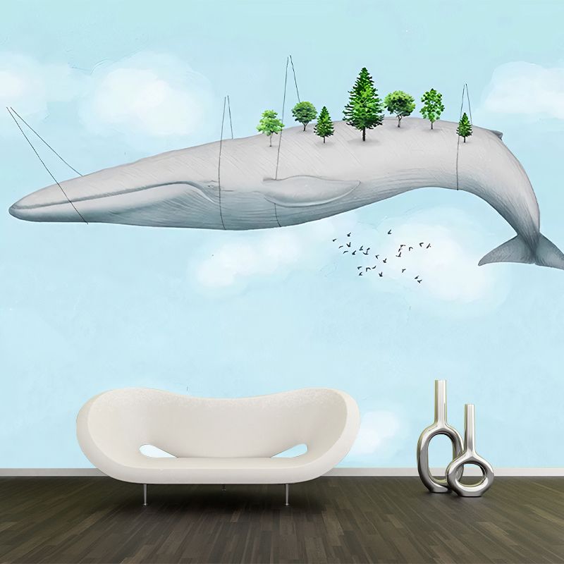 Light Color Flying Whale Murals Animal Cartoon Moisture Resistant Wall Art for Nursery
