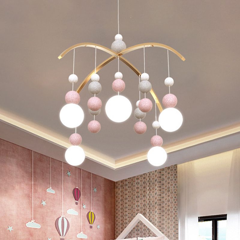 Globe Chandelier Light Cartoon White Glass 5-Bulb Pink/Blue Hanging Pendant with Small Ball Decor