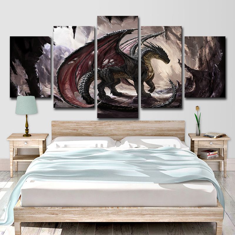 Fantasy Dragon Wall Art for Teenage Room Video Game Scene Canvas Print in Brown-Red