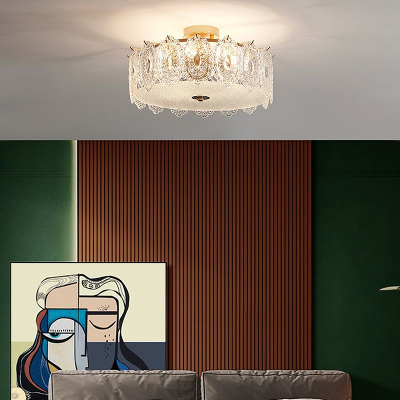 Drum Semi Flush Mount Lamp Glass Minimalist Style Ceiling Mount Light in Gold for Bedroom