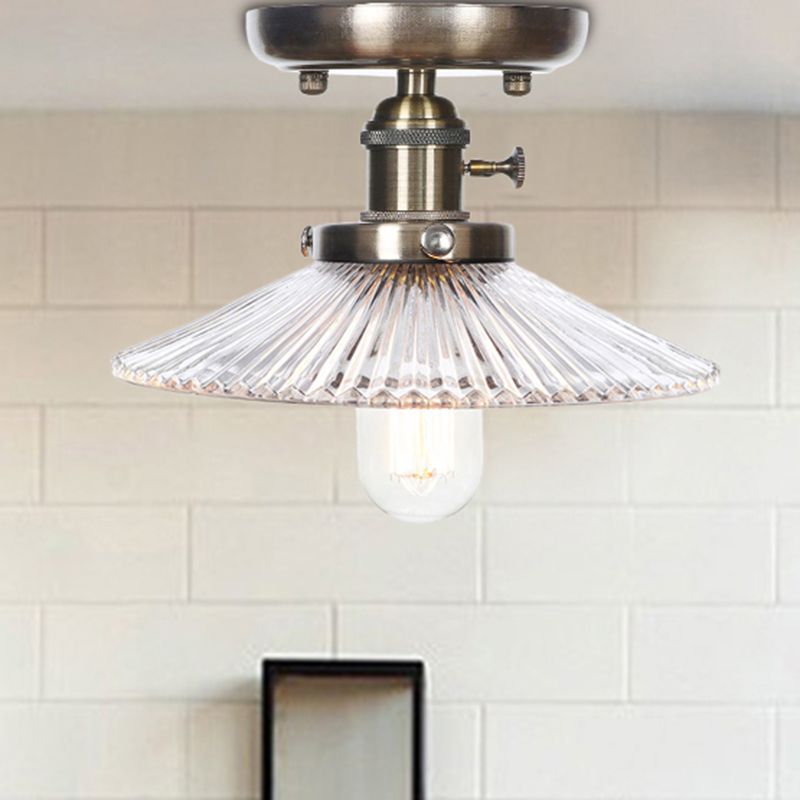 Cono / Saucer Metallo Semi Flush Montaggio Industrial 1 Bulb Living Room Light Fixture in bianco / Clear