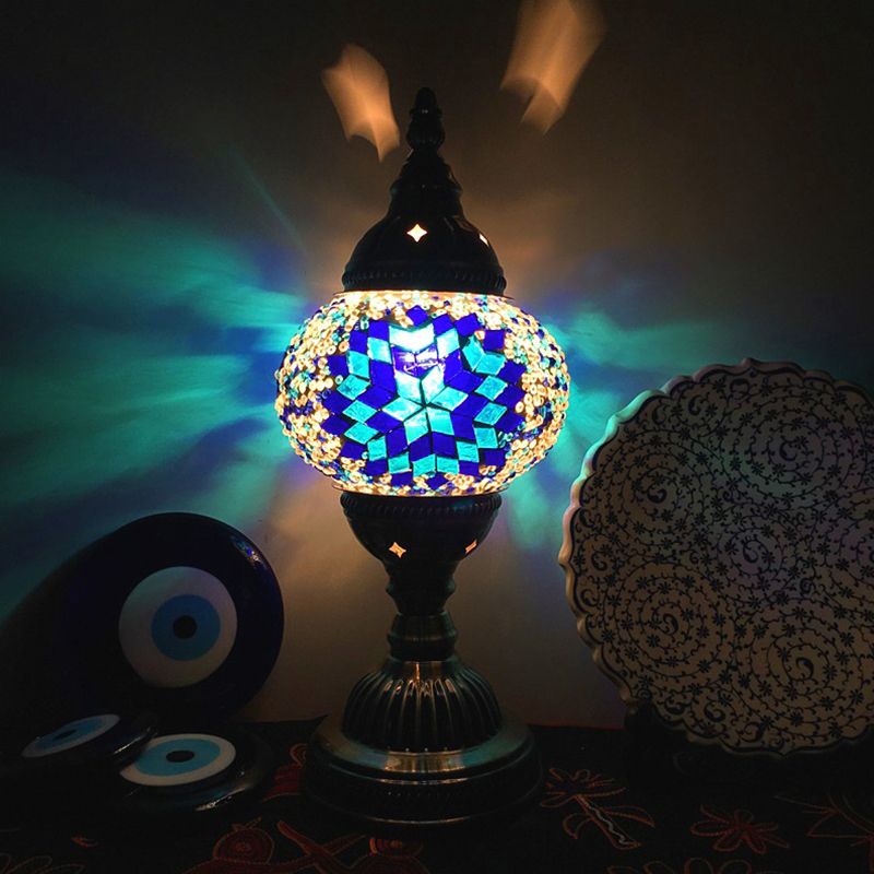 Single Night Stand Light Turkish Bedroom Table Lamp with Spherical Yellow/Red/Blue Glass Shade in Bronze