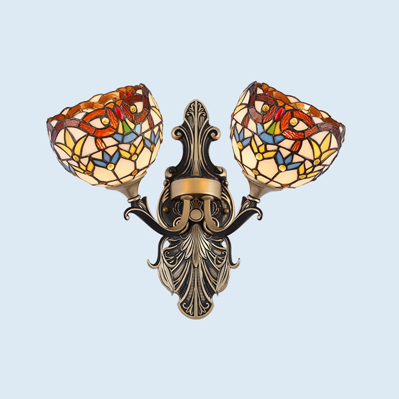 Cut Glass White/Red/Yellow Wall Lighting Idea Blossom/Domed 2 Lights Tiffany Stylish Sconce with Curved Arm