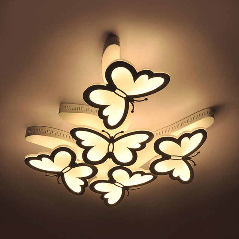 Flying Butterfly Flush Mount Light Romantic Acrylic Ceiling Lamp in White for Girls Bedroom