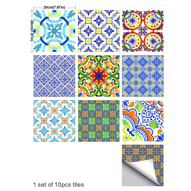 Bohemian Floral Wallpaper Panels Blue-Yellow-Green Geometry Wall Art, Self Sticking