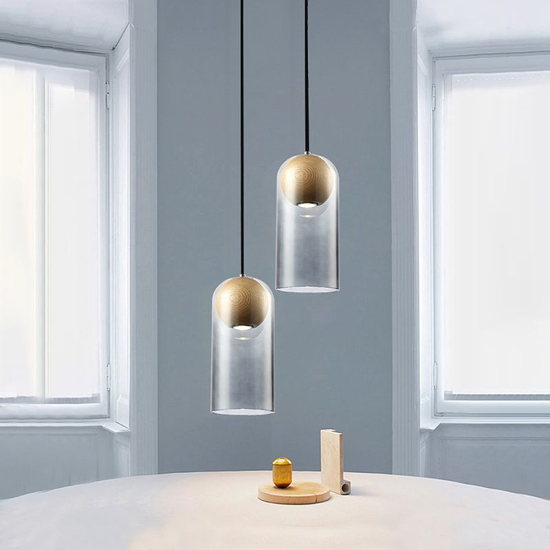 Cilindro Cilindro de lámpara de luz de humo moderno de vidrio gris comedor colgando con sombra de madera de globo en el interior
