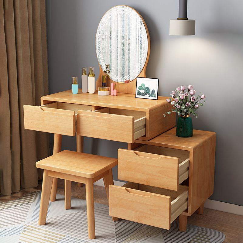 31. 5" W Wood Vanity Table with Mirror & Stool 4 Drawers Simple Makeup Vanity Table Set