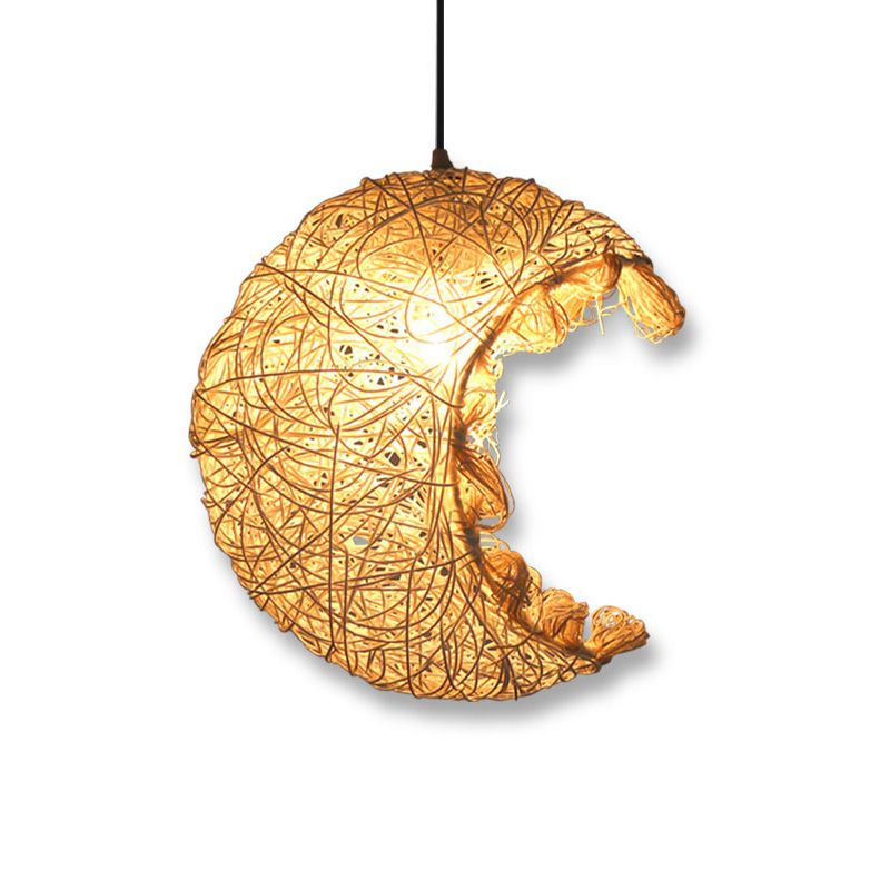 Rattan Shaded Ceiling Light Asian Style 1 Bulb Wood Hanging Lighting Fixture for Restaurant