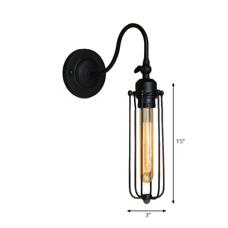 Black Globe/Oval Cage Wall Mount Light with Gooseneck Arm Retro Style Metallic 1 Head Bedroom Mini Wall Lamp
