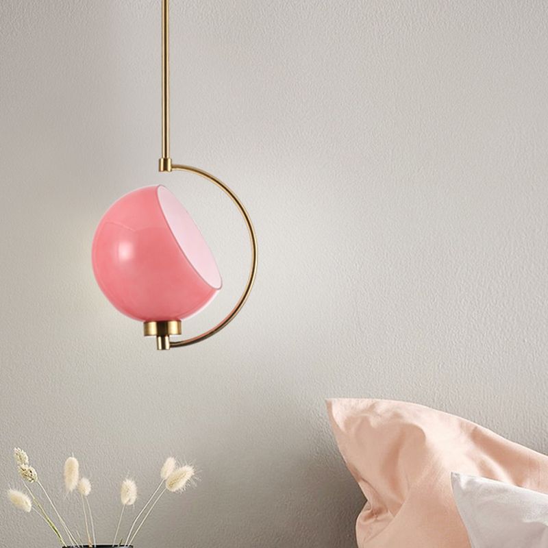 Hemispherical Hanging Light Kit Macaron Pink Hand Blown Glass 1 Head Bedside Drop Pendant with Curved Arm