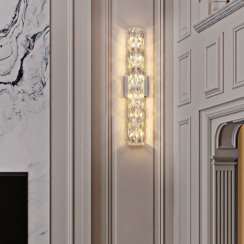 Modern Style Wall Light Cylinder Crystal Sconces in Transparent for Bedroom