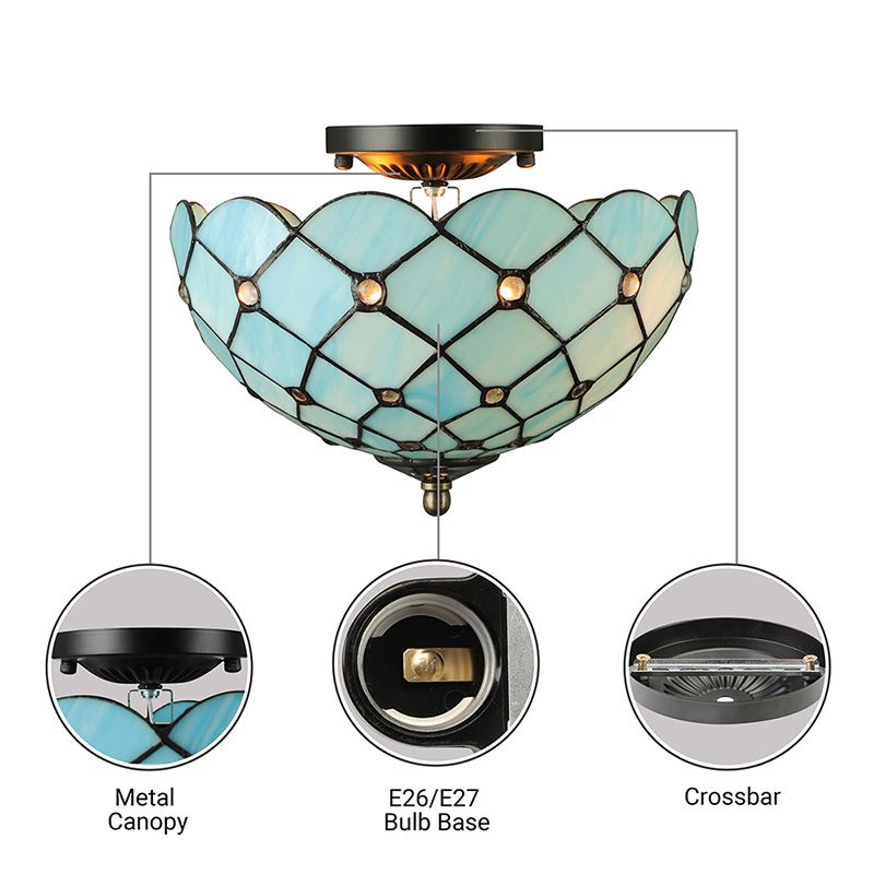 Beige / Black Bowl-Shaped Ceiling Light Fixture Tiffany Stained Glass 1/2 Lights Flushmount Ceiling Light