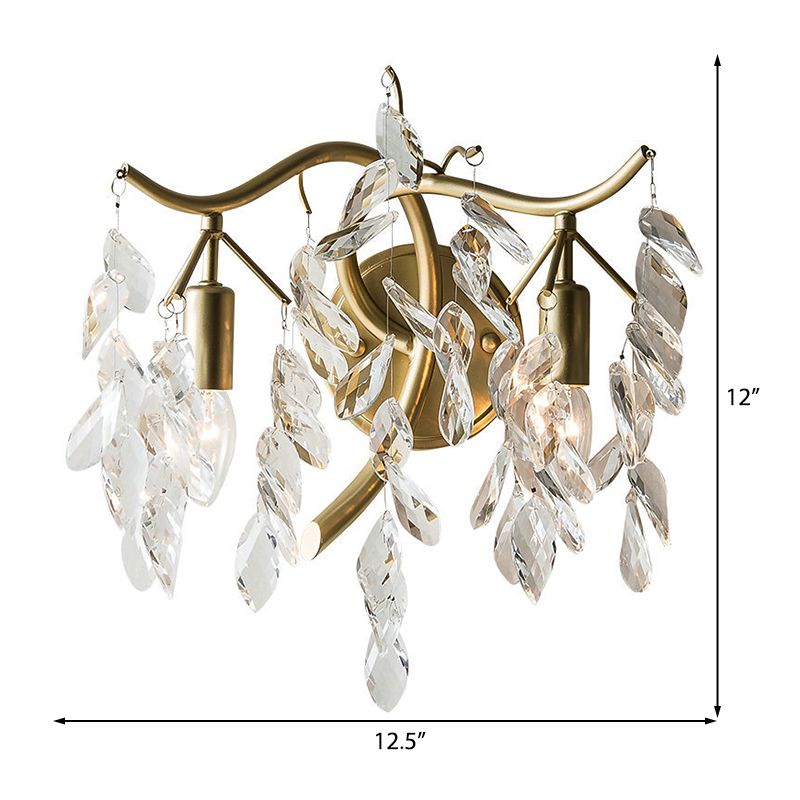 Metal Branch Wall Lighting Modernist Style 2 Bulbs Brass Finish Wall Sconce Lamp with Clear Crystal Leaf Deco