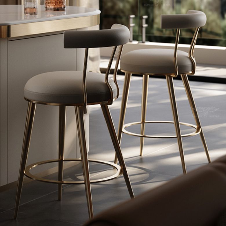 Glam Style Low Back Round Upholstered Bar Stool with Metal Legs