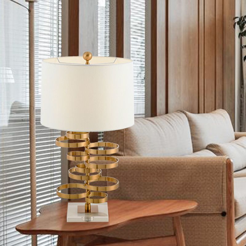 1-Head Bedroom Night Table Light Post-Modern White Metal Nightstand Lamp with Drum Fabric Shade