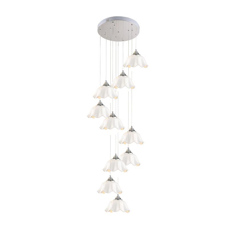 White Glass Scalloped Suspension Light Contemporary 10 Lights Living Room Multi Pendant Lamp