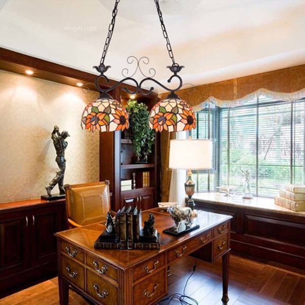 Dome Stainless Glass Pendant Light Tiffany Style 2 Lights Black Finish Island Lighting Fixture with Sunflower/Baroque Pattern