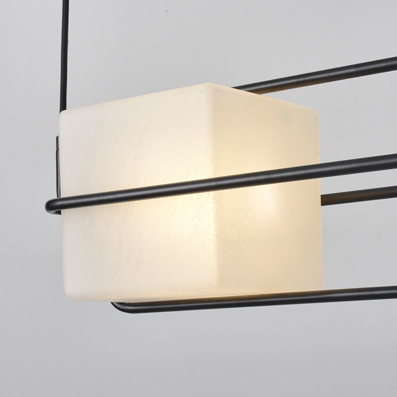 Frosted White Glass Box Pendant Lamp Modern 2-Light Black Island Lighting with Cage