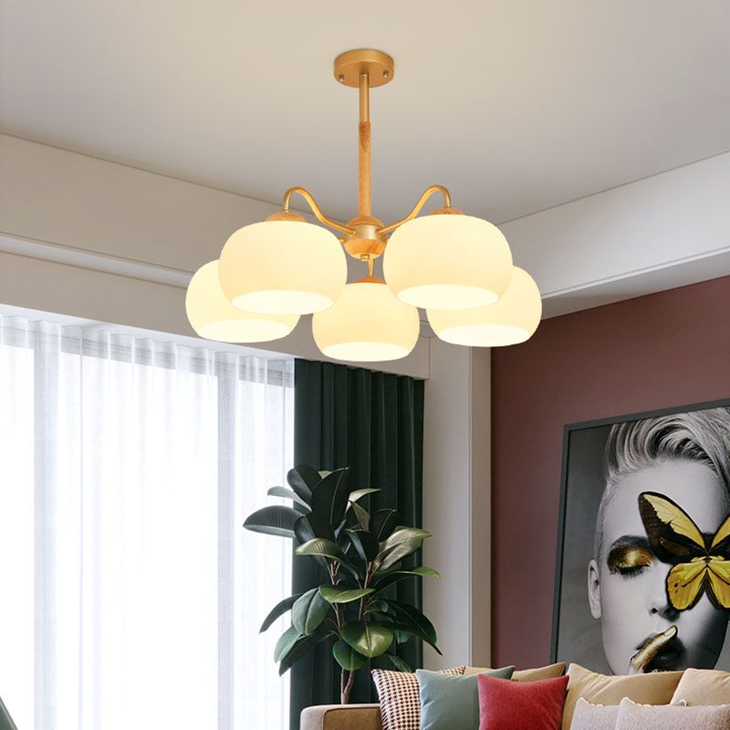 Solid Wood Domed Chandelier Lighting Nordic Hanging Light with White Glass Shade