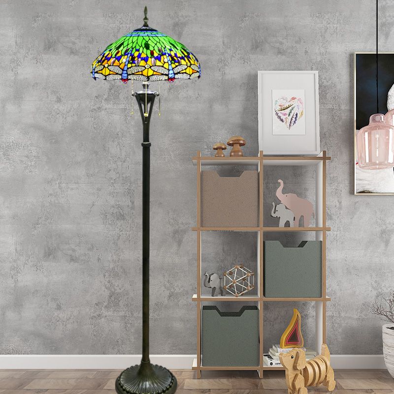 Lampada da pavimento di lettura di libellula in vetro colorato barocco a 3 teste gialla/blu/verde catena di tiro in piedi con ombra a cupola