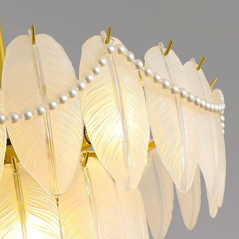 Modern Metal Ceiling Light Feather Shape Hanging Light with Glass Shade for Living Room