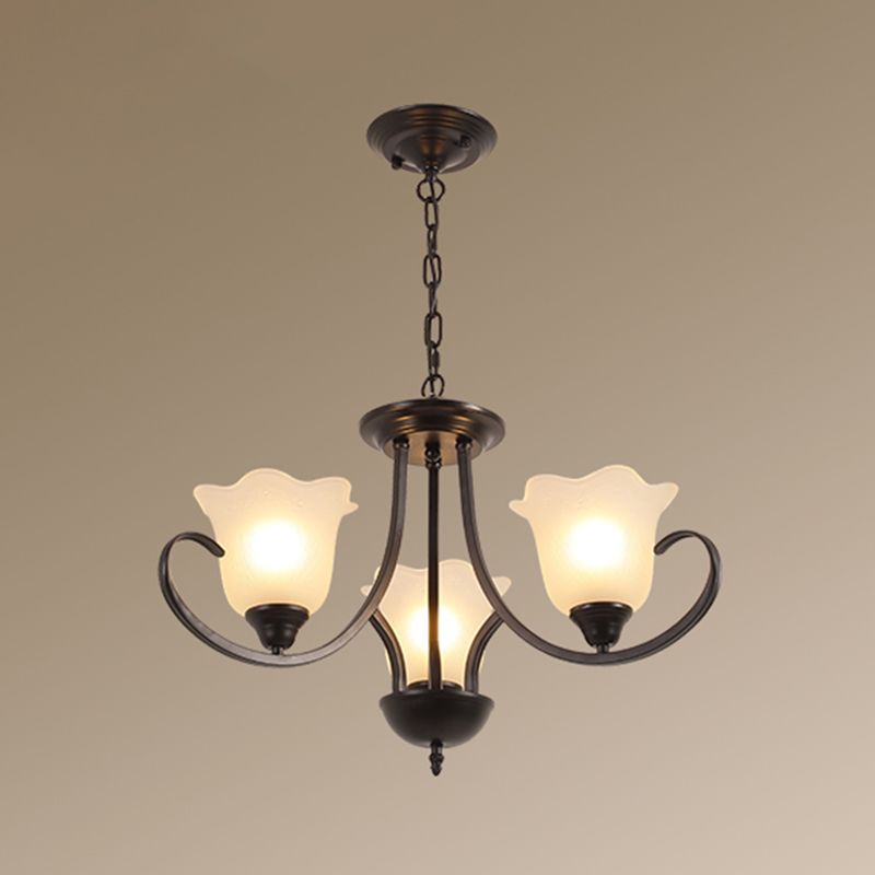 Retro Style Floral Shade Chandelier Light Frosted Glass Pendant Light Fixture with Curved Arm