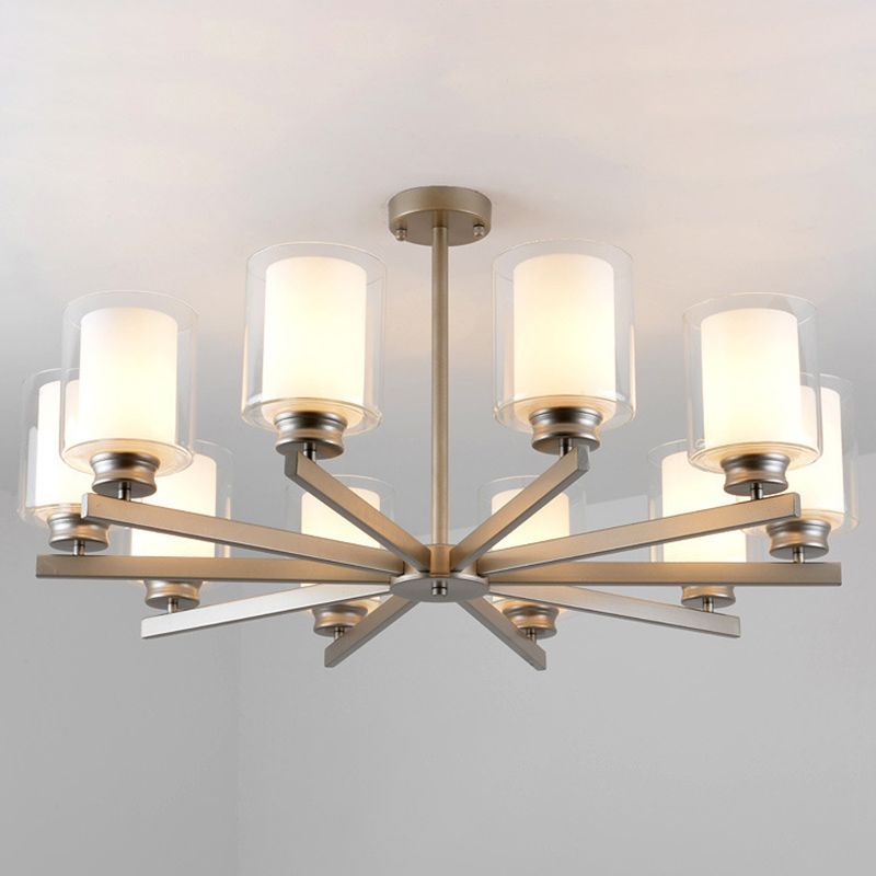Double-layer Glass Shade Chandelier Lighting Fixture Traditional Style Cylindrical Pendant Hanging Light in Champagne Silver