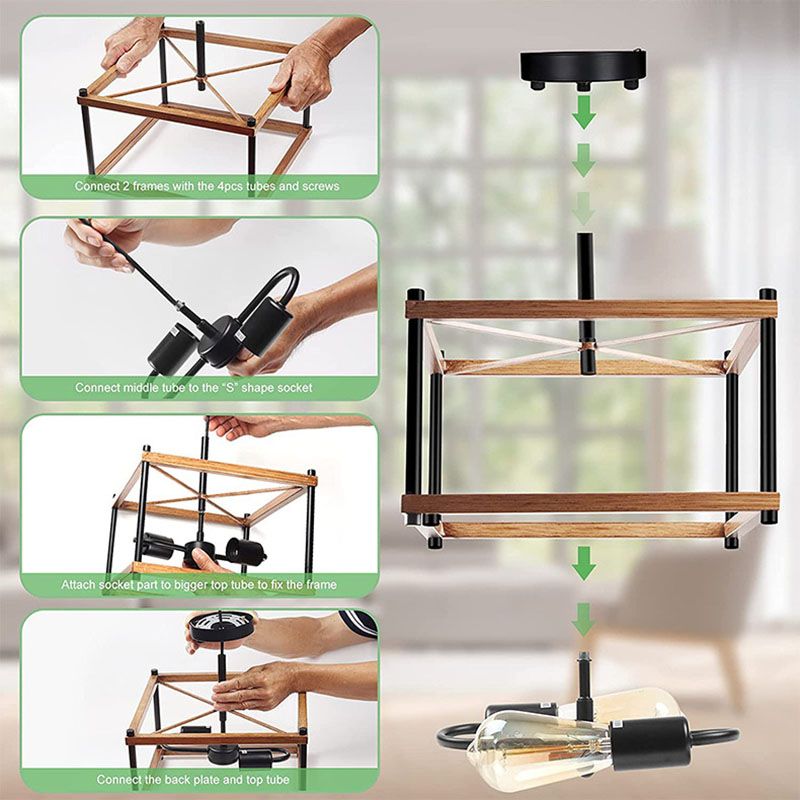 Wooden Black Ceiling Light in Industrial Vintage Style Wrought Iron Geometric Semi Flush Mount