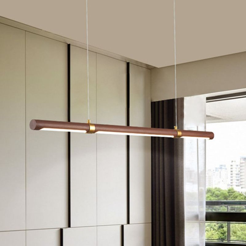 Nordique Linear Wood Island Pendant LED Strip Island Light en marron pour table à manger