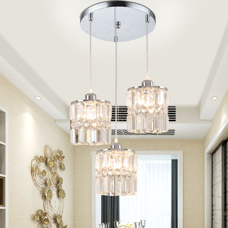 Column Dining Room Cluster Pendant Simple K9 Crystal 3 Bulbs Chrome Suspension Lamp