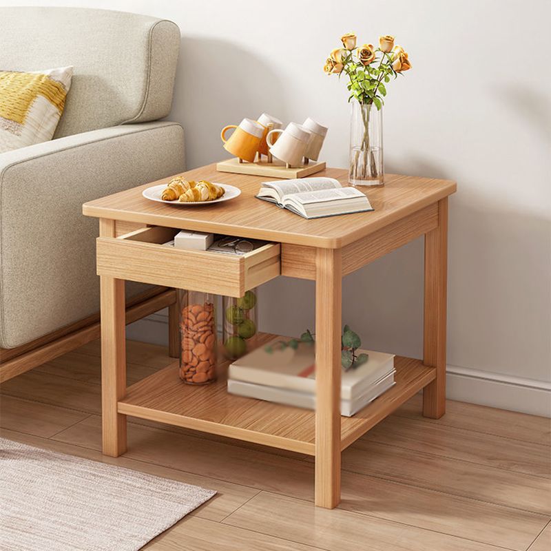 Square Wooden 4 Legs Side Table 1-Drawer End Table with Shelf
