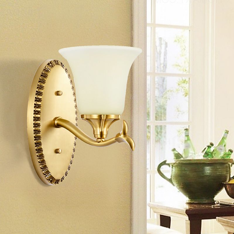 Countryside Bell Wall Lighting 1/2-Light Cream Glass Wall Mounted Lamp with Oval Backplate in Brass