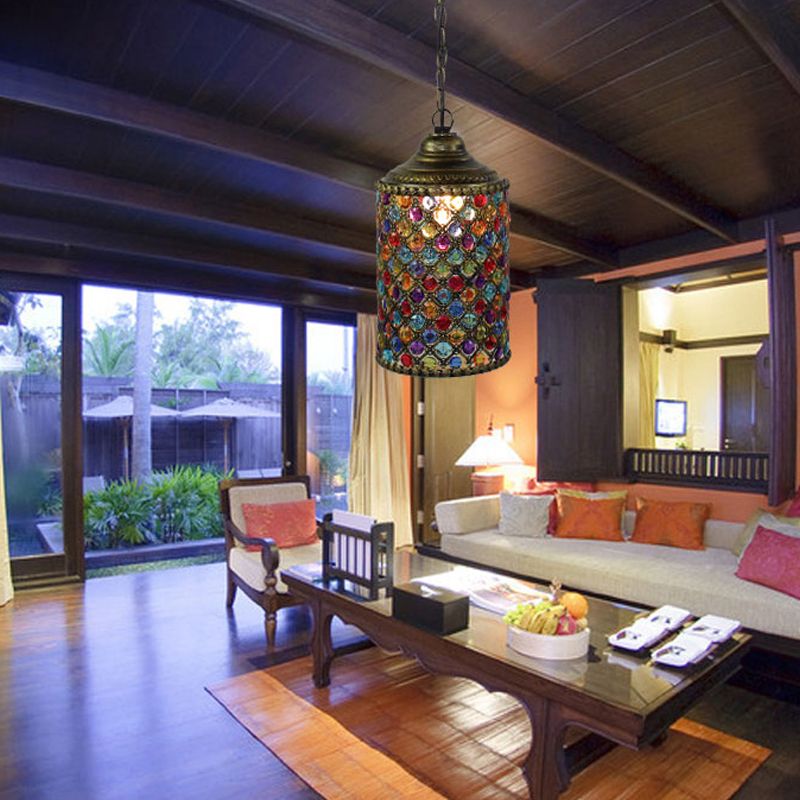 Vintage Cylinder Suspension Pendant Light 1 Light Metal Hanging Lamp in Bronze for Living Room