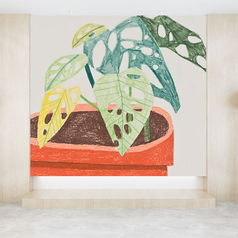 Orange Pot Plant Mural Wallpaper Stain Resistant Contemporary Bathroom Wall Covering