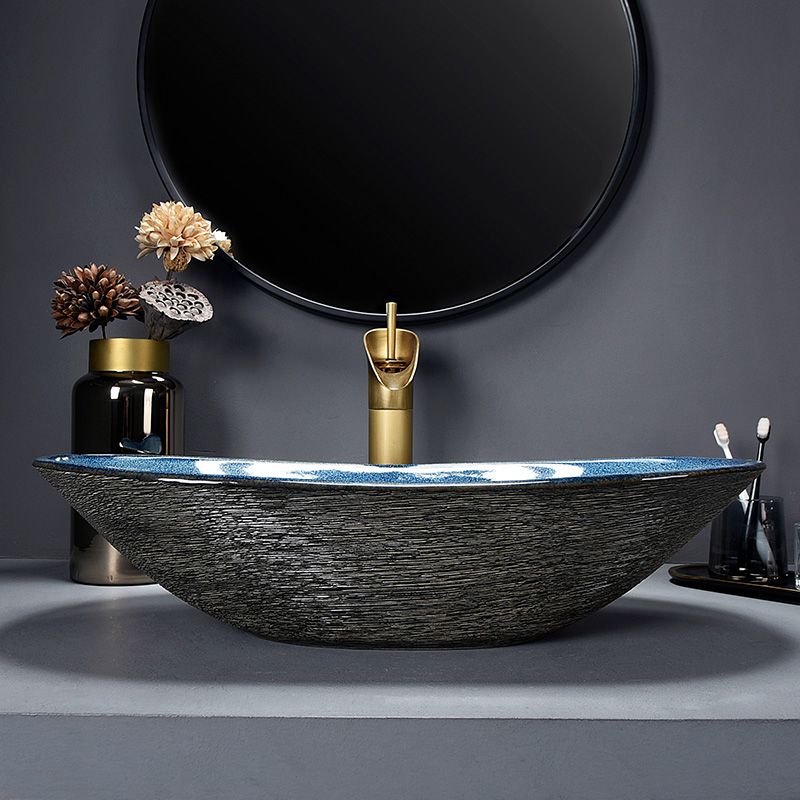 Traditional Vessel Bathroom Sink Oval Porcelain with Overflow and Drain Assembly Vessel