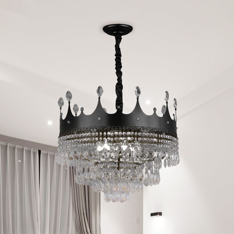 Metal Crown Chandelier Lighting Kids 4/5/6 Lights Black Hanging Lamp with Crystal Drop Decor over Dining Table