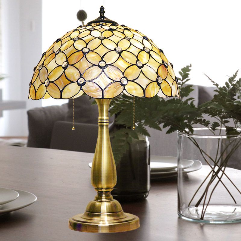 2 Glühbirnen Wohnzimmer Nacht Lampe Barock Gold Pull-Chain Tischbeleuchtung mit kreuzten Blütenschalenschatten