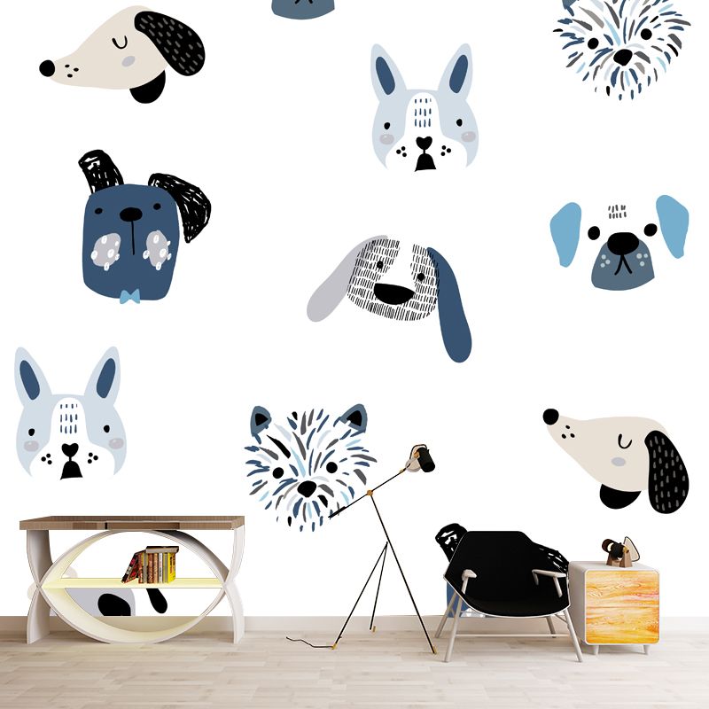 Cartoon Dog Head Wall Mural in Blue on White Waterproofing Wall Decor for Nursery