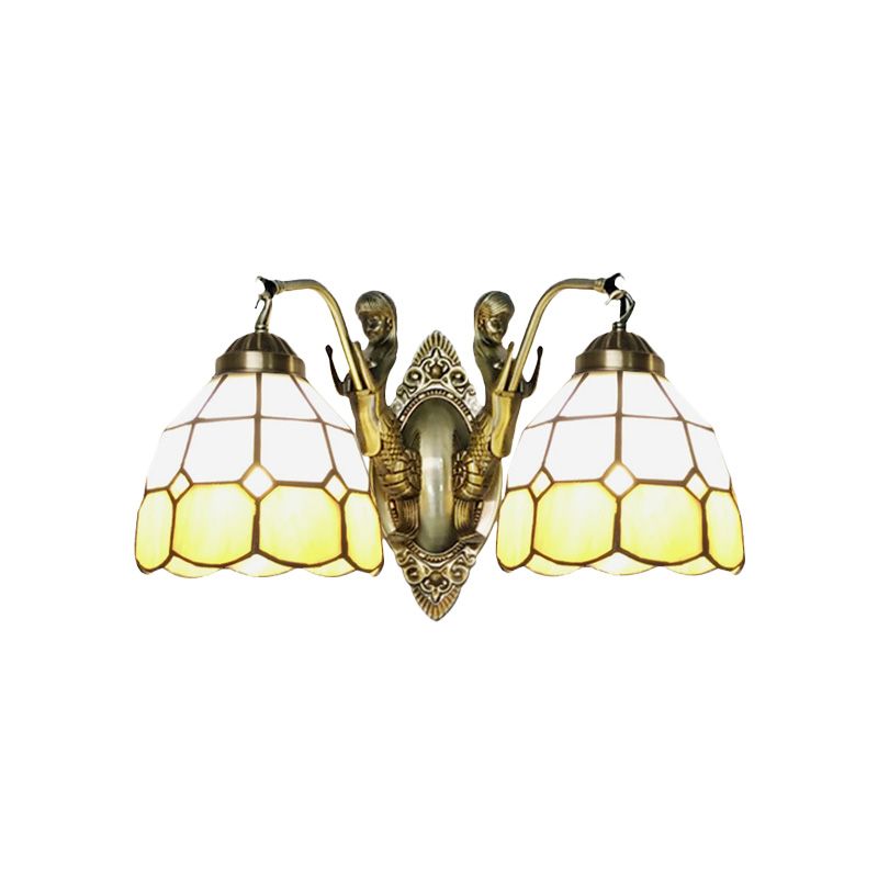 2-Head Domed Wall Mount Lighting Tiffany Dark Blue and White/Orange and White Stained Glass Mermaid Wall Sconce with Grid Pattern