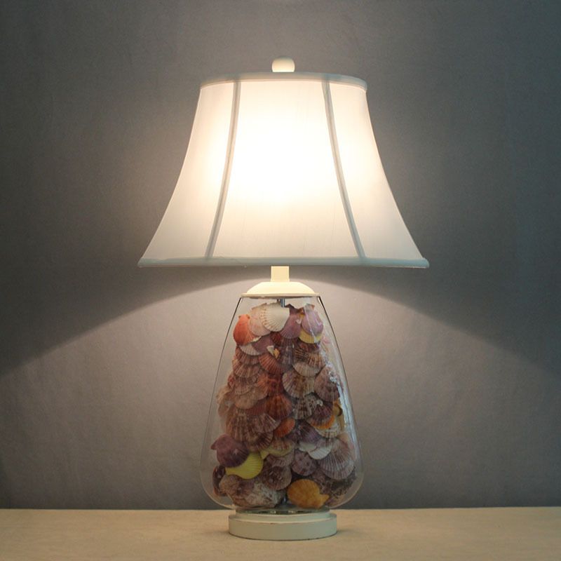 White Flared Shade Night Light Countryside Fabric 1 Bulb 12"/16" Wide Bedside Table Lamp with Decorative Shell