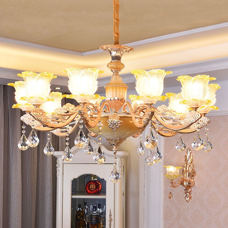 Gesneden glas bloemen suspensie licht retro stijl woonkamer kroonluchter licht met kristal accent