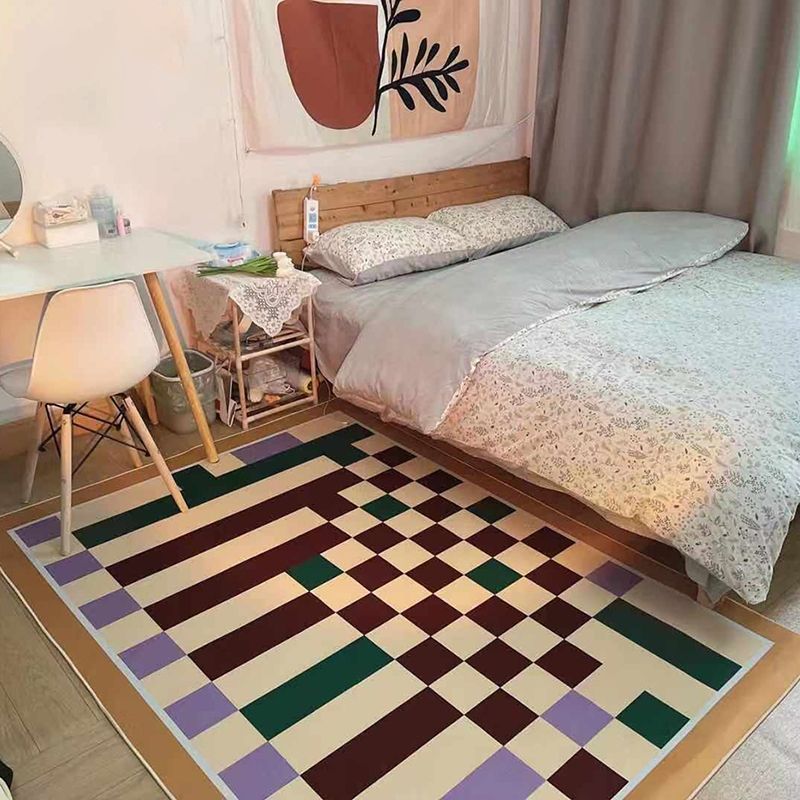 Sapphire Blue Modern Rug Polyester Grid Rug Washable Rug for Living Room