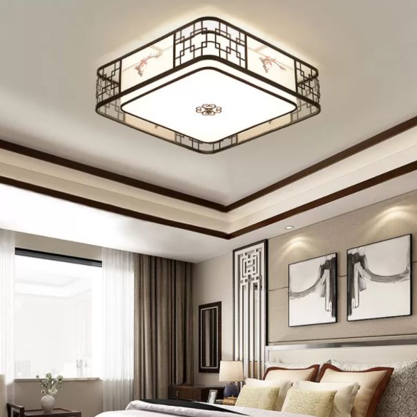 Brown Geometric Flush Mount in Traditional Artistic Style Wrought Iron Ceiling Light with Fabric Shade