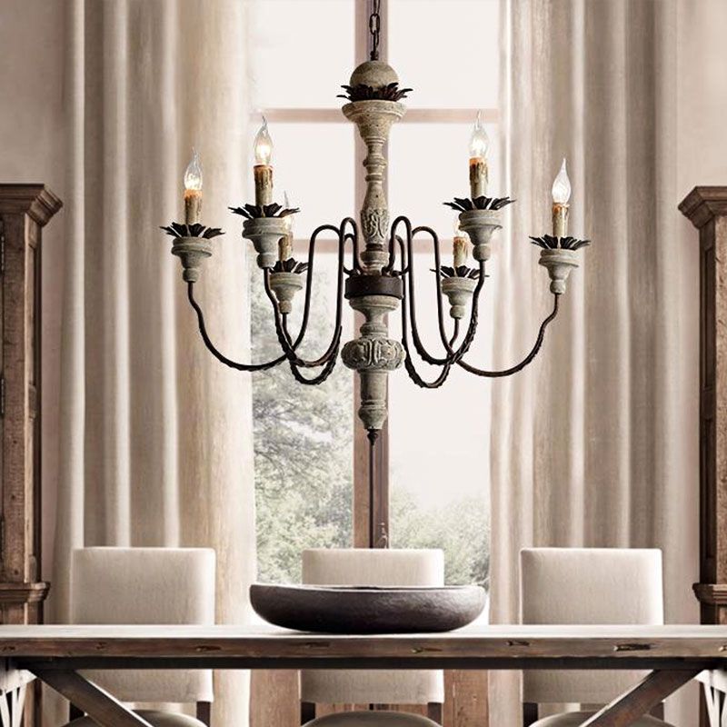 Candelabra Wood Hanging Light with Gooseneck Arm Minimalism 6-Bulb Restaurant Chandelier Lighting in Beige