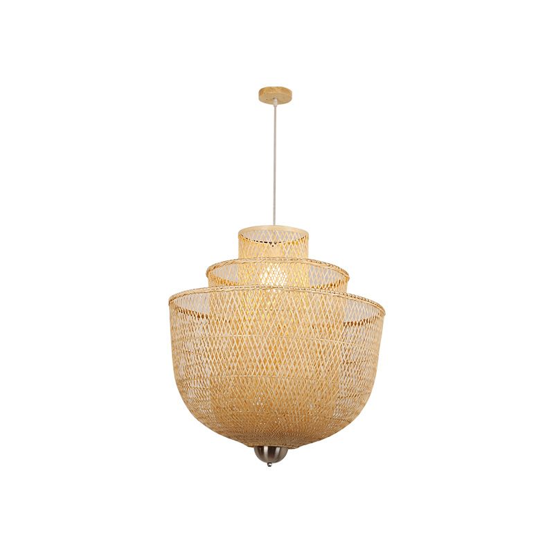 1-Light Rattan Japanese Pendant Light Beige Down Lighting for Dining Room