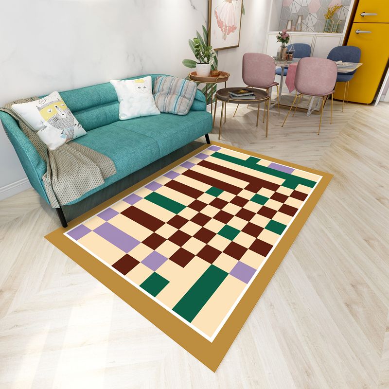 Sapphire Blue Modern Rug Polyester Grid Rug Washable Rug for Living Room