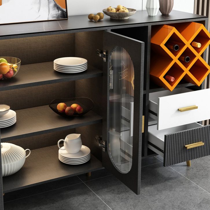 2-Drawer Engineered Wood Sideboard Glam Stone Countertop Credenza with Lamp for Restaurant