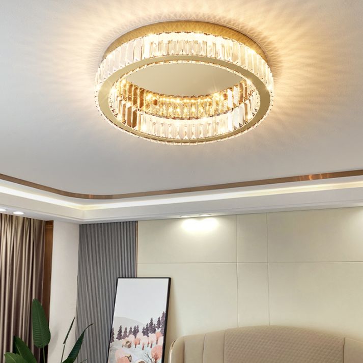 Lámpara de techo LED circular dorada de estilo moderno, montaje empotrado de acero inoxidable con pantalla de cristal
